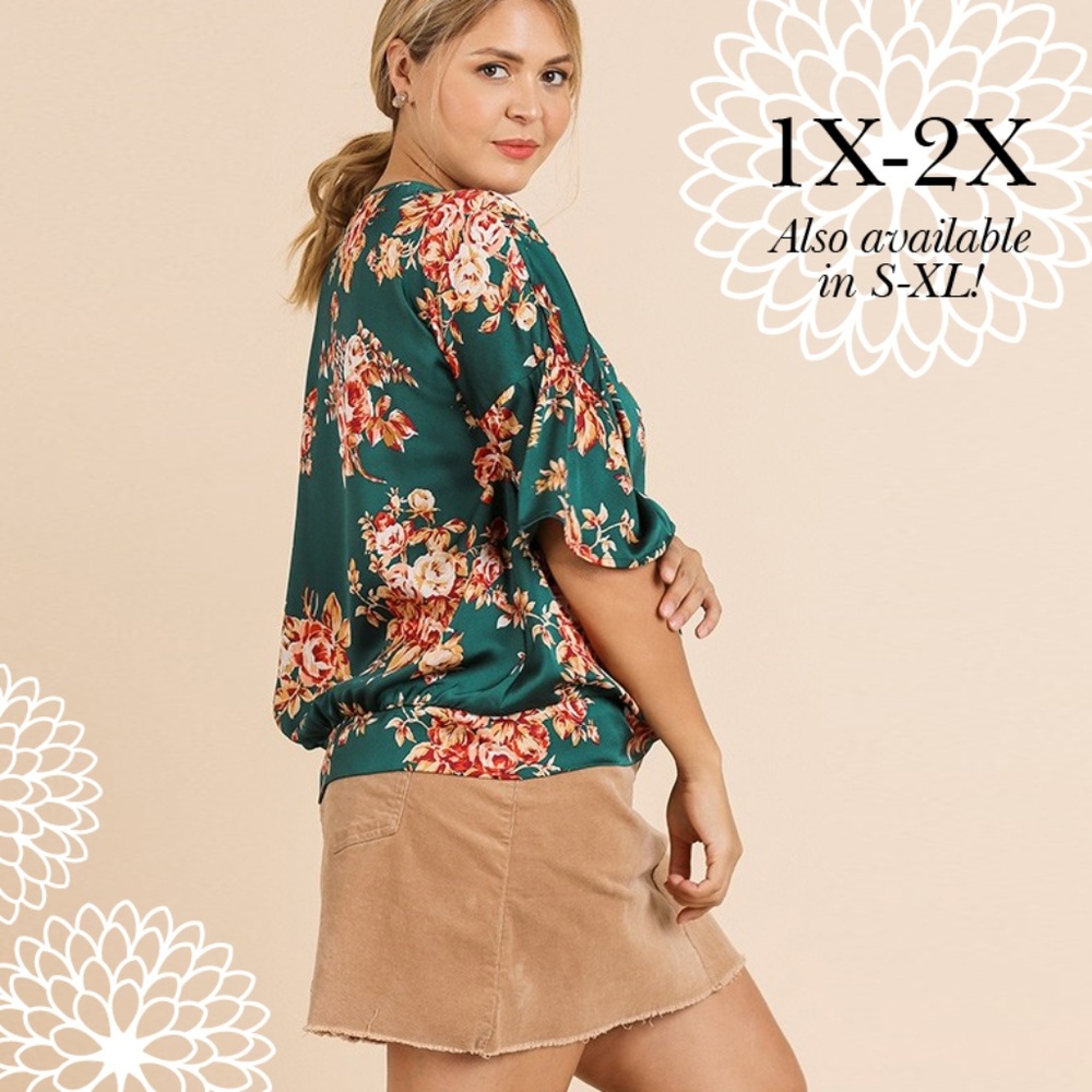 NEW Satin Floral Top with Bell Sleeves